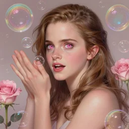 dream portrait of Emma Watson, dreamy and ethereal, expressive pose, big pink eyes, exciting expression, fantasy, intricate, elegant, many rainbow bubbles, rose tones, highly detailed, digital painting, artstation, concept art,cyberpunk wearing, smooth, sharp focus, illustration, art by artgerm and greg rutkowskiand alphonse mucha,Salvador Dali.