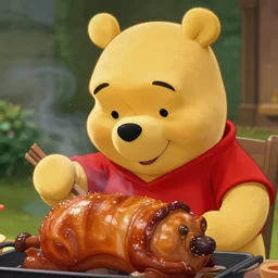 close up of winnie the pooh cooking a hog roast, cinematographic shot, by daniel f. gerhartz
