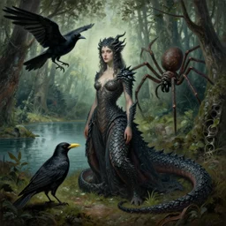 a woman with a dragon like body, by anne stokes and kaja foglio, a black bird with a yellow beak, by esao andrews, a giant spider crawling through a forest next to a lake, by michael komarck and john howe, lovecraftian, fantasy art, artstation hd, d & d, detailed painting, i dream of the machine