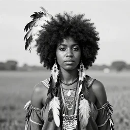 very old 1 7 0 7 photo of beautiful young black woman with afro with feathers in hair, wearing native american clothing, hyper realism, photo real, black and white, jose vagara, photographed by thomas easterly, full frame,,