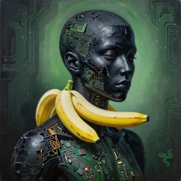 stunning person completely made out of chipped black paint, banana, exposed pc circuitry!! and white glossy plastic, razer naga molten backdrop, by greg rutkowski, oil on canvas, intricate design, high detail!!, trending on artstation, 6 k