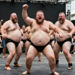 an extremely confronting and dramatic photo from the annual extreme fat men with humongous heads, dancing and screaming competition.