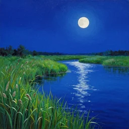landscape, water body, shore in reeds and grass, water and night sky of the same color, stars in the sky, white moon, reeds and moon reflected in the water, moon track on the water, small fireflies, acrylic painting, dark palette, blue colors, marsh color reeds, super detailed, super sharp focus, bright colors, octopath traveler,