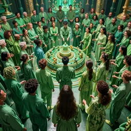 love, diverse green cybersuits, from behind, connection rituals, wide wide angle, vivid, elaborate, highly detailed, beautiful lighting