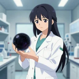 an anime art of a female scientist in a laboratory holding a black hole, concept art, stylised, elegant, illustration, 4k wallpaper, high detailed