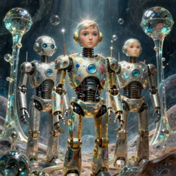 centered detailed portrait of robots on an alien planet with glass trees, art by jean giraud and moebius, realistic, expressive emotions, intricate textures