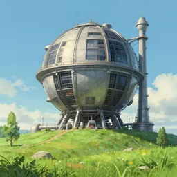 an impressive science fiction big factory with a spherical architecture designed by boeing military and star wars with fat cables and pipes at its base, on a beautiful green hill in a the french countryside during spring season, painting by studio ghibli backgrounds and louis remy mignot hd, nice lighting, smooth tiny details, soft and clear shadows, low contrast, perfect
