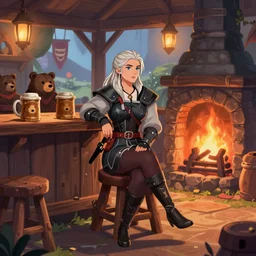 kate beckinsale as witcher, sit in fantasy tavern near fireplace, behind bar deck with bear mugs, medieval dnd, colorfull digital fantasy art, 4k