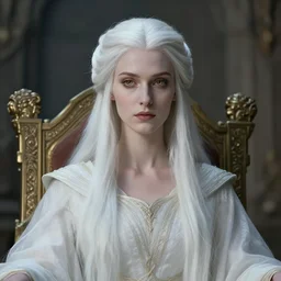 tall slender elven queen on the throne, long white hair, pale skin, golden eyes | | realistic shaded, fine details, fine - face, realistic shaded lighting poster by greg rutkowski, magali villeneuve, artgerm, jeremy lipkin, michael garmash, rob rey