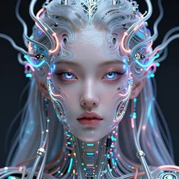 very beautiful woman, bionic pupils, full face frontal centered, portrait, abundent detailed intricate symmetrical ornate electricity neon cables connected to head, clear lips, luxurious long hair, sophisticated abundent neon wiring and implants, translucent, porcelain, fractal, sci - fi, dramatic lighting, photography, highly detailed, artstation, deviantart, 8 k, by chie yoshii