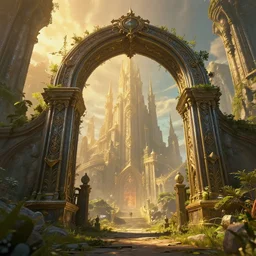 overgrown ruined metal archway into a magical elven city, beautiful, intricate, detailed, golden light, 3 d animated movie frame, 8 k