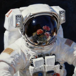 a close up painting of an astronaut floating in space. his helmet visor is dark and reflective. you can see the reflection of flowers in his helmet visor.