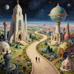 an epic whimsical stunning masterpiece sci - fi matte painting of a winding path through outer space worlds, surreal architecture designed by heironymous boach, megastructures inspired by heironymous bosch, vast surreal landscapes and horizon by asher durand and cyril rolando and natalie shau, insanely detailed, elegant, concept art