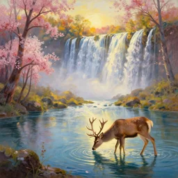 the most beautiful panoramic landscape, oil painting, where a giant dreamy waterfall creates a river, the trees around are starting to bloom in a great variety of colors, a majestic deer is drinking water from the river and a ray light of the sunset is brightening him, by greg rutkowski