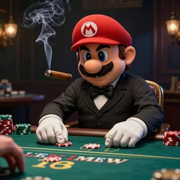 super mario as a mafia boss smoking a cigar whilst playing poker, dark atmosphere, very detailed, cinematic lighting