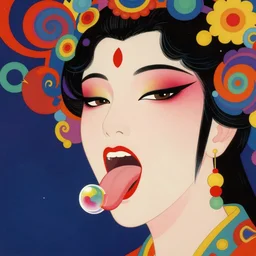 a colorful vibrant closeup portrait of a opera singer licking a tab of lsd acid on her tongue and dreaming psychedelic hallucinations, by kawase hasui, moebius, edward hopper and james gilleard, zdzislaw beksinski, steven outram colorful flat surreal design, hd, 8 k, artstation