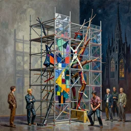 scaffolding sculpture made with steel and metal, branches and twigs, plexiglas sheet, painting by yves tanguy, sculpted by david smith, painting by kay sage, by nate boyce, digital sculpture, by tyler edlin and jean delville, by john berkey and filip hodas, sci - fi concept art, highly detailed, soft lighting, rendered in octane, by roger dean, by dean ellis, oil on canvas, cinematic lighting, vibrant, concept art, gothic, contrasting, nightscape