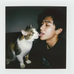 A cat licks its owner, polaroid photo,