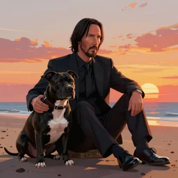 highly detailed full body portrait john wick sitting on a beach, black pitbull besides him, looking into the sunset, concept art by jama jurabaev cel shaded cinematic shot trending on artstation high quality brush stroke hyperspace vibrant