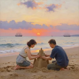 couple building sandcastle on the beach at sunset, ships floating in the clouds in the distance, outrun style, painting by ivan shishkin