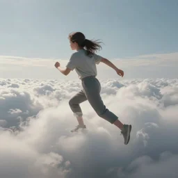 running and falling on clouds, 4k, post-processing, detailed, artstation, fog