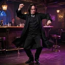 Severus Snape dances in a bar, neon, realistic, full body, very detailed, super realistic, dramatic movement