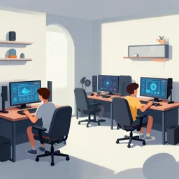 two boys playing game at a spacious gaming room, hi - tech gaming setup, highly detailed interior, bauhaus, illustration, art by john berkey