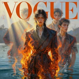fashion model, flame, liquid water, morning, sun rays, vogue cover style, poster art, high detail, intricate oil painting, multiple exposure, hell mood, hyperrealism, by tooth wu and wlop and beeple and greg rutkowski