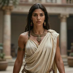 female amazonian gigachad hero in ancient courtyard, wearing a toga, herculean bulging female muscular figure, beautiful gigachad, soft lighting, highly detailed face!!, sharp focus, artstation, sophie anderson, arnold armitage, loish, thomas kinkade
