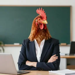 a female manager with a chicken head