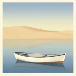 a little traditional boat at bassin d'arcachon lac, a sand dune in the background with the sky above, australian tonalism, pale gradients design, matte drawing, clean and simple design, outrun color palette. a vintage neo retro poster painted by Morandi, Agnes Pelton