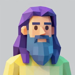 Low poly man with long hair. beard. Purple. Yellow. Blue. Green.
