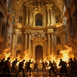 beautiful oil matte painting, baroque church caught on fire with people desperate to extinguish the flames, wonderful masterpiece highly detailed, beautiful cinematic light deep focus, elegant, digital painting, smooth, sharp focus, golden ratio, dramatic illumination, ultra realistic, 8 k, art by giovanni bellini and caravaggio
