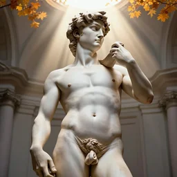 a long shot of a hyper detailed ultra sharp portrait of a beautiful fat chubby statue of david with loincloth in the accademia di belle arti, god - rays, dramatic light, sharp focus, global illumination, radiant light, unreal 5, daz, hyperrealistic, octane render, cosplay, rpg portrait, dynamic lighting, intricate detail, harvest fall vibrancy, cinematic