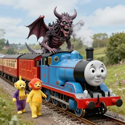 still frame from thomas and friends by wayne barlowe, happy teletubbies train by wayne barlowe, eldrich thomas train by beksinski, grandiose demonic train with locomotive and endless wagons, 🚂🚂🚂