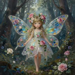 breathtaking detailed soft painting of a little fairy princess in the distance of a luxurious dawnforest by Ayami kojima and loputyn, gauze rose dress of stained glass floating around, detailed realistyc symmetrical facial features, amalgamation of leaves and flowers, 8k, concept art, matte, sharp focus, rembrandt style