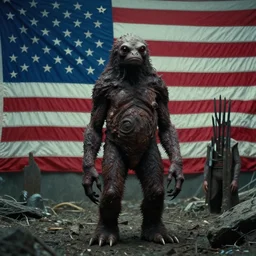strange creature with american flag, film still from the movie directed by denis villeneuve and david cronenberg with art direction by and h. r. giger and zdzisław beksinski