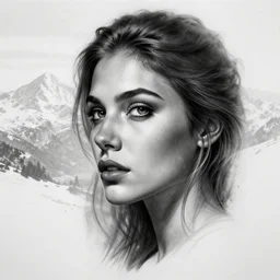 tattoo design sketch of an extremely beautiful woman face with a faded background of stunning mountain view on her side, hyper - realistic, in the style of matteo pasqualin, amazing detail, black and white, faded