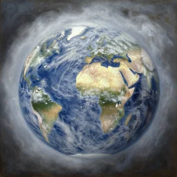 earth after the cretaceous – paleogene extinction event, a harsh winter cools down the earth, blizzards envelop the lands and barely any sunlight gets through the thick dust clouds, in the style of hudson river school of art, oil on canvas