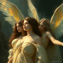 illustration studio portrait of three beautiful seraphim female energy in artistic poses in nature, monet painterly motives and textures pattern, hyper detailed, octane render, vivid colors, artstation, by jeremy mann, by alphonse mucha, by monet