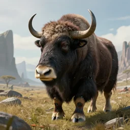 highly detailed portrait photo of an anthropomorphic mutant, half cyborg and half human with the head of a musk ox, wandering through a scenic dystopian steppe, hyperrealistic Illustration