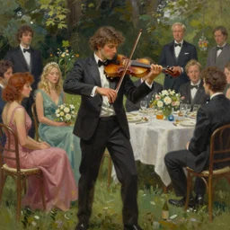 epic matte painting of a violinist performing for guest at a garden party, in the style of greg rutkowski and mark arian and george gross, digital painting, ornately detailed, muted colors, cinematic lighting