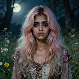 a beautiful but creepy young indian woman in layers of fear, with haunted eyes, violence in her eyes, pastel dyed hair, wearing a punk outfit, 1 9 7 0 s, seventies, delicate embellishments, a little blood, woodland, moonlight shining on wildflowers, painterly, offset printing technique, by alexandre cabanel