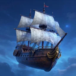 matte painting of pirate ship. fantasy. floating through the sky, blue. magic. artstation