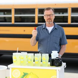 Photo of Walter White selling lemonade at a lemonade stand at a school bus stop, taken with a Canon EOS 5D