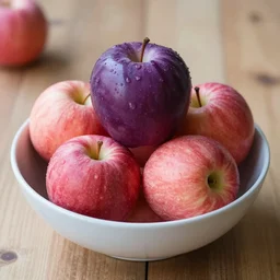 of a purple apple in bowl of red apples
