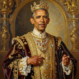 the royal king obama by greg hildebrant lisa frank fancy rococo baroque regal oil painting high quality award winning clothed in fancy garb