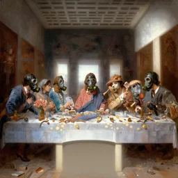the last supper in gas masks, art nouveau, fantasy, fantasy atmospheric lighting, digital painting, hyperrealistic, cozy, natural light, volumetric golden dappled dynamic lighting, refined, highly detailed, sharp focus, elegant, by michael komarck, greg rutkowski, victo ngai, artgerm, willem claesz heda and j. dicken