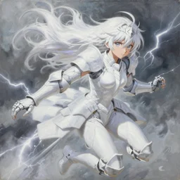 oil painting, white, sakimi chan, fantasy armor, detailed face, flying, tony sart, wind, lightning, dramatic lighting