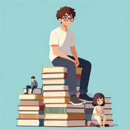 a young man with brown hair and glasses sits on top of a tall pile of books. clean cel shaded vector art, beautiful detailed face. shutterstock. behance hd by lois van baarle artgerm, helen huang, by makoto shinkai and ilya kuvshinov, rossdraws, illustration, art by ilya kuvshinov
